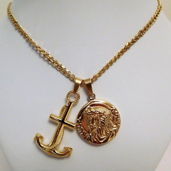 New 2 Sets Gold Stainless Steel Antique Coin Medallion Anchor Pendant 22" Chain - Picture 2 of 9